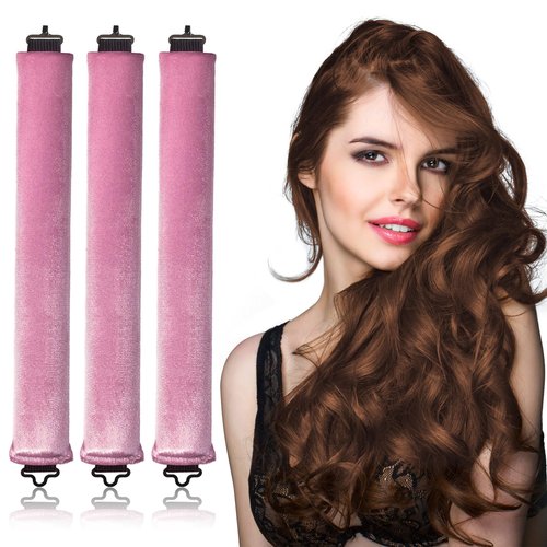 Caliee Heatless Hair Curler Jumbo 3PCS Pink Heatless Curlers Set with Hook No Heat Hair Rollers to Sleep in for Long Hair Soft Overnight Heatless Curls Headband