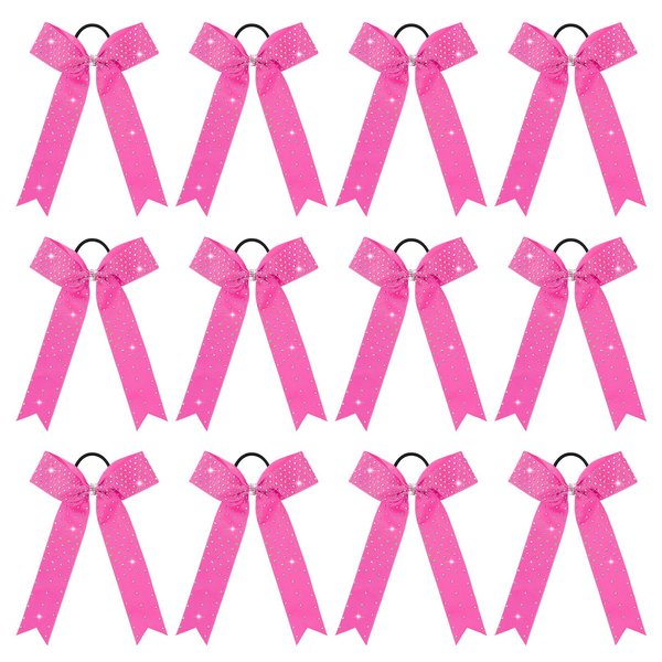 DEEKA 12 PCS Glitter Collegiate Style Cheer Bows Long Tail Full Rhinestones Skinny Shiny Cheer Bow Ponytail Holder Handmade Bows for Girls Teens Cheerleader Sports -Pink