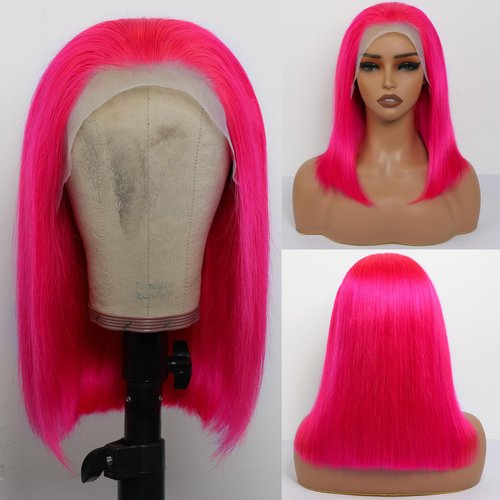 Hot Pink Color Short Straight Lace Bob Wigs 180% Density 13x4 Transparent Lace Front Human Hair W...