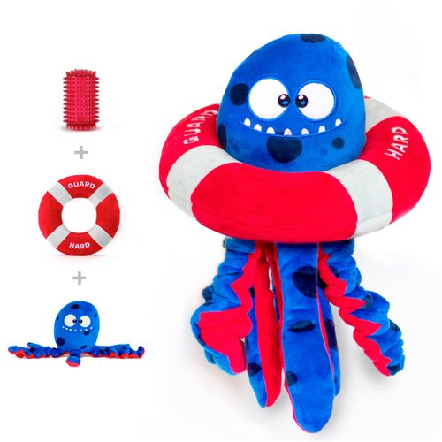 BULLTUG - Octopus Dog Toy Set | 3-in-1 Interactive Fun: Squeaky Plush Octopus with Crinkly Bungee Arms, Durable Life Ring, Hidden Spiky Squeaker | Easy to Clean, Dog Sizes