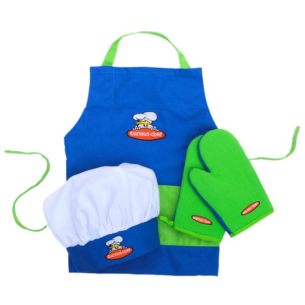 Curious Chef 4-Piece Child Textile Set for Kids and Toddlers, Blue and Green Child-Sized Apron, Oven Mitts and Chef’s Hat, Real Kitchen Wear Cooking Kit