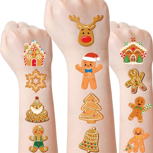 Merry Christmas Gingerbread Temporary Tattoos - 8 Sheets 280 Pcs Gingerbread Birthday Party Decorations Cute Gingerbread Man Cookies Tattoo Stickers for Boys Girls Xmas Party Favors Decor Gifts