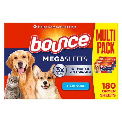 Bounce Pet Hair and Lint Guard Mega Fabric Softener Dryer Sheets with 3X Pet Hair Fighters, Fresh Scent, 180 Count (Packaging May Very)