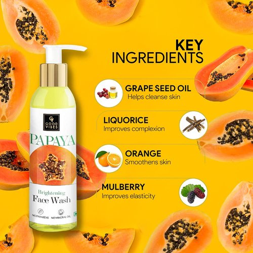 Good Vibes Papaya Face Wash | Nourishing & Gentle Oil Control Facial Cleanser | Blackheads & Pore Cleansing with No Parabens & Mineral Oil | 6.76 Fl Oz/200ml