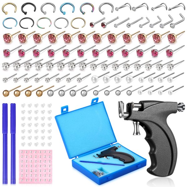 Chumia 157 Pcs Stainless Steel Body Ear Piercing Gun Tool Set, 6 Pairs Studs 98 Earrings 22 Nose Studs Nose Navel Piercing Machines for for Salon Home