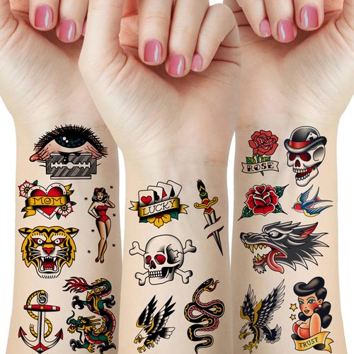 58 Pieces Vintage Temporary Tattoo, Old School Temporary Tatoos Stickers Flower Swallows Butterflies Tiger Eagle Snake Swords Fake Tattoos for Women Girls and Men Adults Face Leg Arm Neck