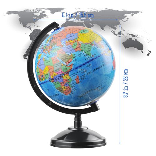 World Globe for Kids Learning - 6 inch Interactive Earth Globe with Stand for Children Students Educational Geography, Spinning World Globes Map Decorative Kids Room Classroom, Desk, Office, Home