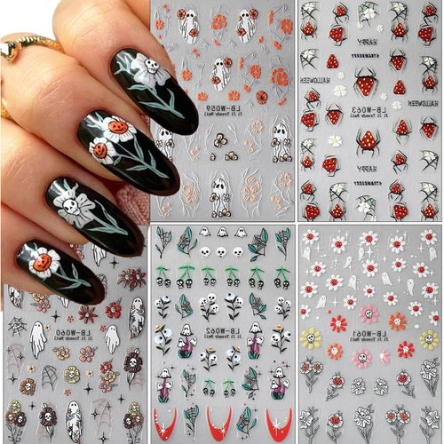 5 Sheets Halloween Nail Stickers 5D self Adhesive Cute Ghost Flower Nail Decals Skull Spider Nail...