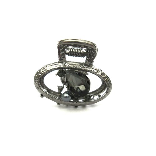 Small oval dark silver metal gray crystal pearl hair claw clip