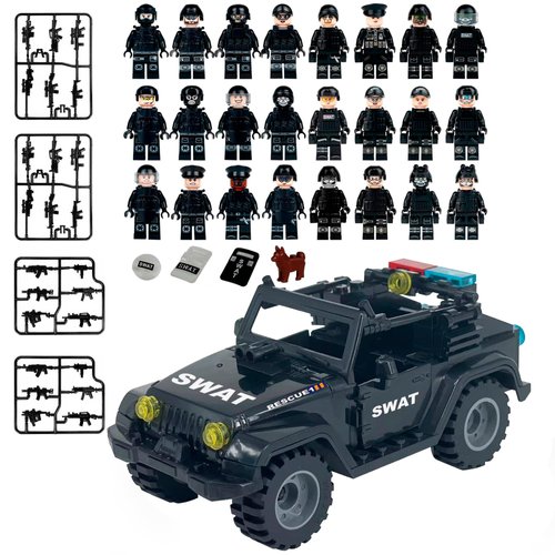Toysvill SWAT Military Police Building Block Set for Kids | SUV + Soldiers Minifigures (24 PCS) with Weapons and Accessories Gift