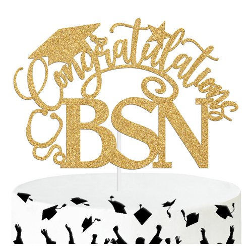 Ferburitar Congratulations BSN Cake Topper, Congrats Nurse/RN Cake Decor, 2025 Nursing School Grad Graduation Party Decorations Supplies, Gold Glitter
