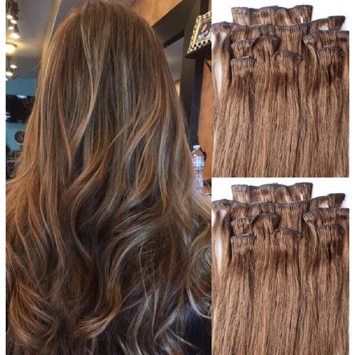 Hair Faux You 18" Clip in Hair Extensions Real Human Hair 80g Clip on for Full Head 7 pieces, 14 clips, Silky Straight Weft Remy Hair Color # 6 Chestnut Brown