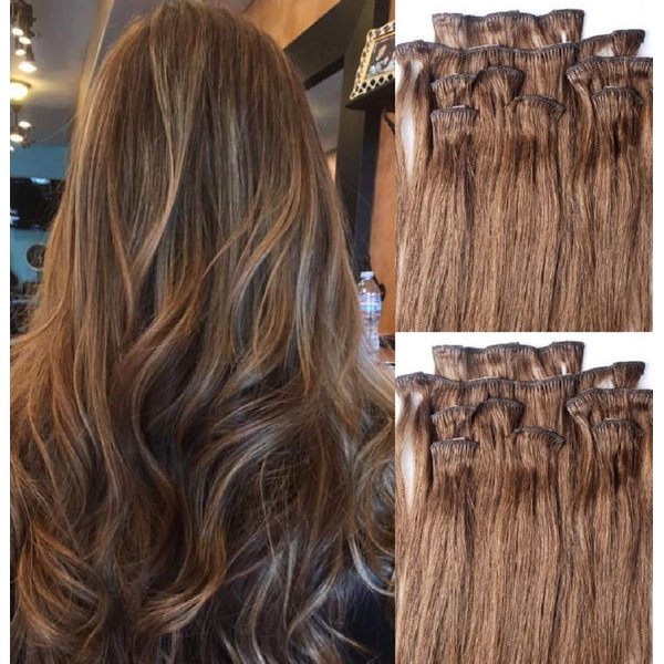Hair Faux You 18" Clip in Hair Extensions Real Human Hair 80g Clip on for Full Head 7 pieces, 14 clips, Silky Straight Weft Remy Hair Color # 6 Chestnut Brown