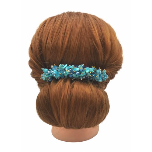 Thai Hair Comb, 4 x 3.5 Inch, Turquoise, Synthetic, Handmade From Thailand, Ornamented Along top of Heading with Stone & Crystal, Ideal for French Twist Hairstyle, Women attending formal events