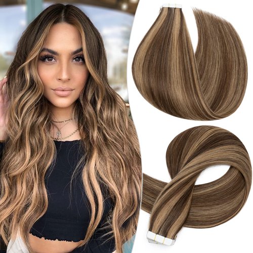 S-noilite 20Pcs 60g Balayage Tape in Human Hair Extensions Seamless Skin Weft Tape in Hair Invisible Double Sided Tape Glue in Hair for Women 18 Inch (#04/27 Medium Brown/Dark Blonde)