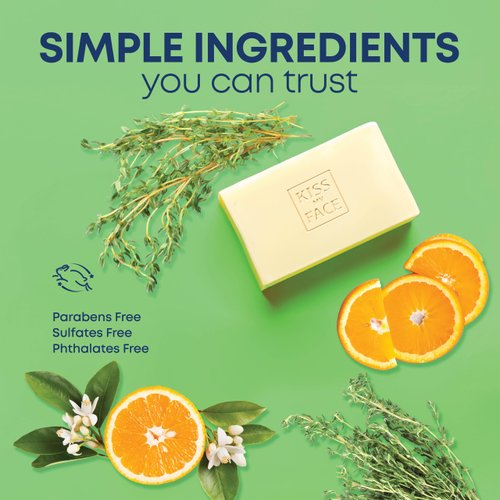 Kiss My Face Effort-Less 3-in-1 Bar Soap, With Probiotic and Shea Butter, Fortifies and Hydrates, For Hair, Face and Body, Orange and Thyme, Cruelty Free and Palm Oil Free, Pack of 3