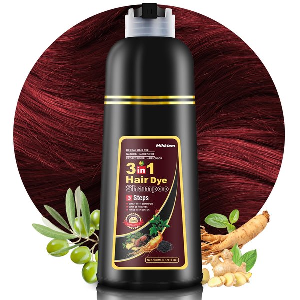 Mihkiom Dark Wine Red Hair Dye Shampoo 3 in 1 for Women & Men, Hair Color Shampoo Refresh Hair Only 20 Mins - Natural Plant - Champu Para Pintar el Pelo