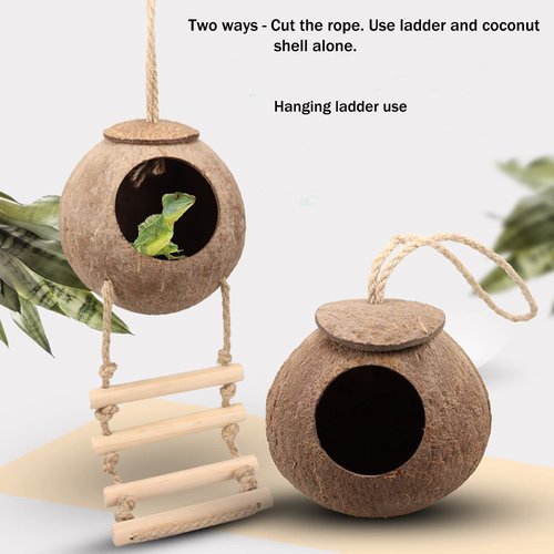 HERCOCCI Leopard Gecko Tank Accessories, Coconut Shell Ladder Hideout Hole Reptile Climbing Vine Habitat Decor with 3 Pieces Colorful Plastic Plants for Chameleon Lizard Snake Hermit Crab