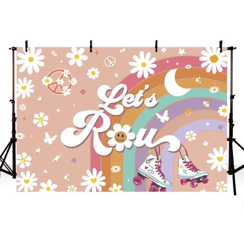 Let's Roll Theme Backdrop Groovy Rainbow Roller Skate Photography Backgroud Lets Roll Skate Party Decors for Roller Skate Girl Birthday Party Decorations Cake Table Banner (6x4ft)
