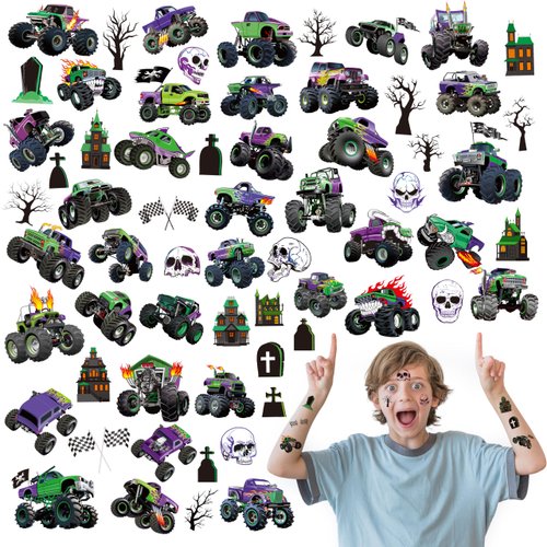 MALLMALL6 8Pcs Purple & Green Monster Truck Temporary Tattoo Body Stickers with Skull Cross Checkered Flag Flames Birthday Party Favors Supplies Rewards Goodie Bag Fillers Gifts for Kids Teens Boys