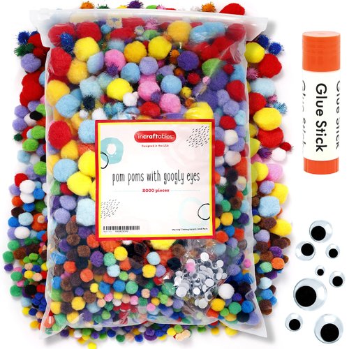 Incraftables 2000 Pcs Pom Poms with Googly Eyes & Glue Stick. Best Colored & Glitter Cotton 0.4 to 1.4 inch Balls for DIY Craft, Hats & Decorations. Multicolor Puffy Pompom Gift Set for Kids & Adults