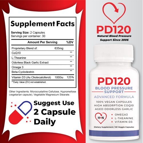 PD120 Blood Pressure Supplements Support 1 Month Supply - Blood Pressure Support Black Odorless Aged Garlic, Coq10, Beta Cyclodextrin, Omega 3, L-Theanine, and Vitamin D3 | 180 Veggie Capsules