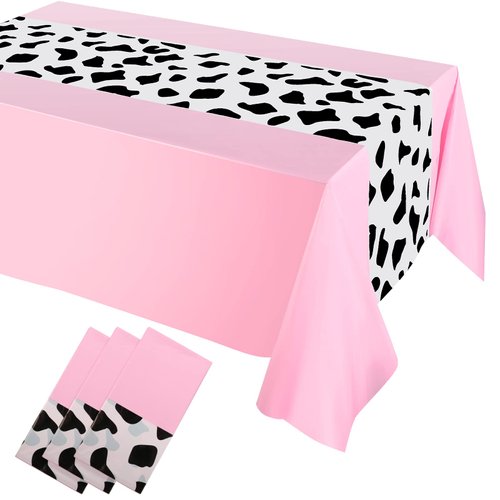 Remagr 3 Pcs 54 x 108 Inch Cow Tablecloth for Party Cowboy Cow Table Runner Print Table Cover Toy Rectangular Birthday Party Inspired Story Decorations Supplies (Pink Elegant Pattern)
