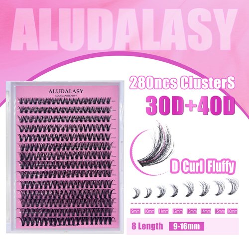 ALUDALASY Fluffy Lash Clusters Kit - 280PCS Wispy Lash Extensions 8-16mm D Curl Natural Look DIY Lash Extension Kit with Waterproof Lash Bond and Seal, Tweezer for At-Home Use (30D+40DKit)