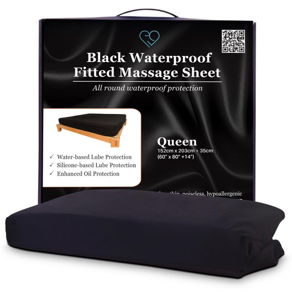 EROTICGEL Black Massage Fitted Sheet Queen, 60″ x 80″ +14″ (152cm x 203cm +35cm) - Waterproof Mattress Cover for Massage - Oil, Water-Based, Silicone Safe, Waterproof Massage Sheet