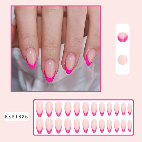 24Pcs Hot Pink French Tip Press on Nails Short Almond Fake Nails Reusable Acrylic False Nails Natural Nude Pink Full Cover Glue on Nails Glossy Artificial Nails Stick on Nails for Women Nail Decor