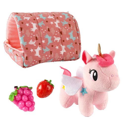 BABESIDE 4 Pcs Reborn Baby Doll Accessories Pet Doll Play Set, Adorable Animal Toys with Pet House and Fruit Toy Accessories, Great for Kids Role Play, Pink