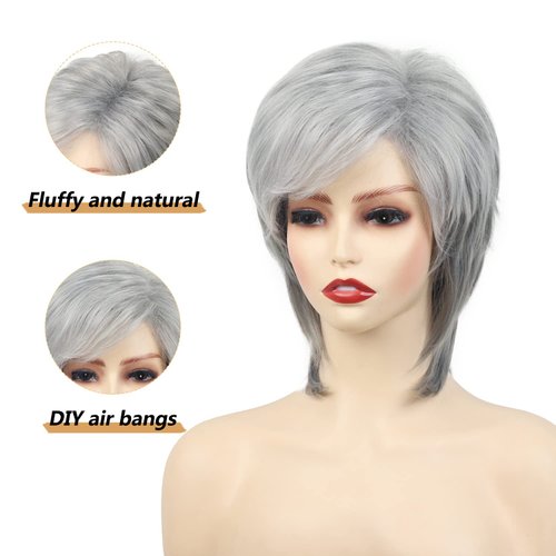 SEVENCOLORS Short Gray Wigs for Women Layered Pixie Cut Wigs with Bangs Natural Looking Synthetic Hair Wigs Short Silver Grey Wigs for White Women