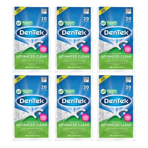 DenTek Triple Clean Advanced Clean Floss Picks, No Break & No Shred Floss, 20 Count, 6 Pack