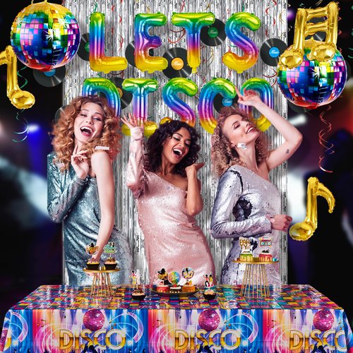 Disco Party Decorations, 70s 80s 90s Disco Party Balloons Decoration, Silver Fringe Sequin Backdrops, Disco Theme Tablecloth, Cake Topper for Bachelorette Birthday Hip Hop Party