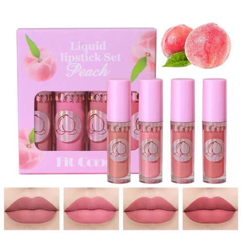 4 Pcs Pink Matte Lipstick Lip Gloss Set, Long Lasting Lipstick 24 H Waterproof Lip Gloss Velvet Moisturizing Not Fade Non-Stick Cup Lip Stain High Pigmented Smudge-Proof Liquid Lipsticks Makeup(Set A)