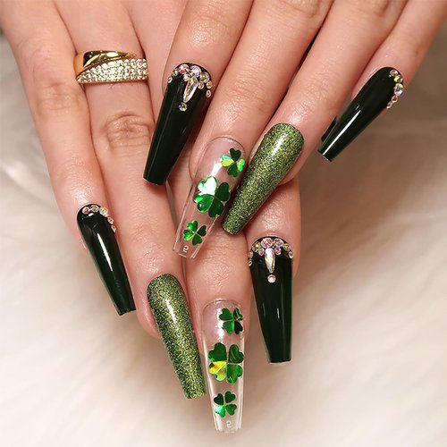 St.Patrick’s Day Press on Nails Long Coffin Fake Nails Green Glitter Press on Nails Four Leaf Clover False Nails with Rhinestones Designs Full Cover Glossy Stick on Nails for Women and Girls 24Pcs