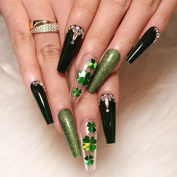 St.Patrick’s Day Press on Nails Long Coffin Fake Nails Green Glitter Press on Nails Four Leaf Clover False Nails with Rhinestones Designs Full Cover Glossy Stick on Nails for Women and Girls 24Pcs
