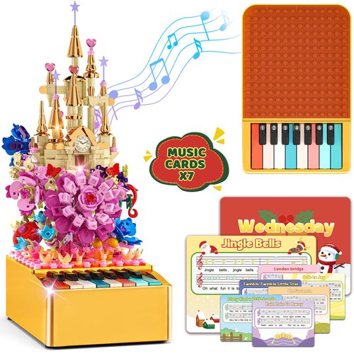 Demkia Flowers Castle Building Sets with Piano Keyboard for Kids and Adults, 771PCS Light Up Botanical Building Blocks STEM Toys Creative Musical Christmas Birthday Gifts for Girls and Boys Aged 6-12+