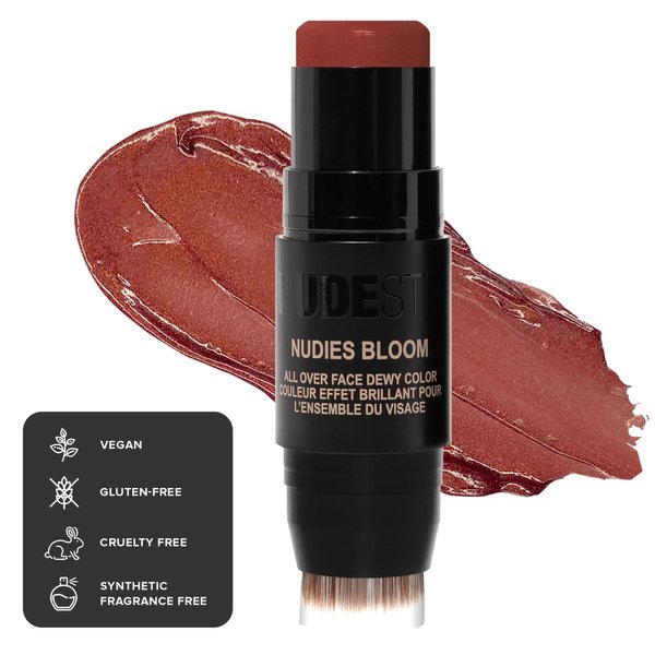Nudestix Nudies Bloom Dewy and Radiant Cream Blush 3-in-1 All Over Face Colour For Cheeks, Eyes and Lips w/Blending Brush (Crimson Lover)