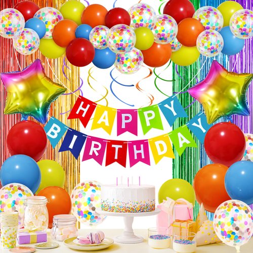 Colorful Birthday Decorations, Birthday Party Supplies for Men Women Boys Girls with Rainbow Happy Birthday Banner, Confetti Balloons, Fringe Curtain, Heart Star Foil Balloons, Hanging Swirls