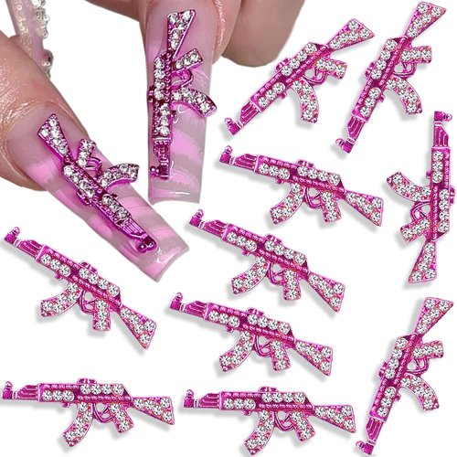 3D Pink Gun Nail Charms,Luxury Diamond Alloy Gun Nail Charm AK Weapon Nail Art Charms Shiny Nail Rhinestones Gun Charms for Nails Guns Nail Jewels for Nail Art Accessories DIY Nail Supplies,10pcs/set