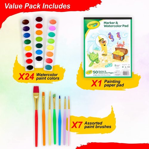 Watercolor Paint Set – 24 Watercolor Paint, 50 Sheets Watercolor Paper Pad, 7 Paint Brushes for Kids – Complete Water Color Painting Kids Supplies Set