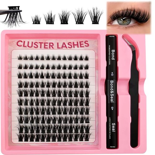 Fluffy Lash Clusters Kit 130pcs DIY Lash Extension Kit, Wispy Lash Clusters Kit Natural 8-16mm D Curl Eyelashes Extension Kit with Lash Bond and Seal and Lash Tweezers.(130P-TX16-Kit)