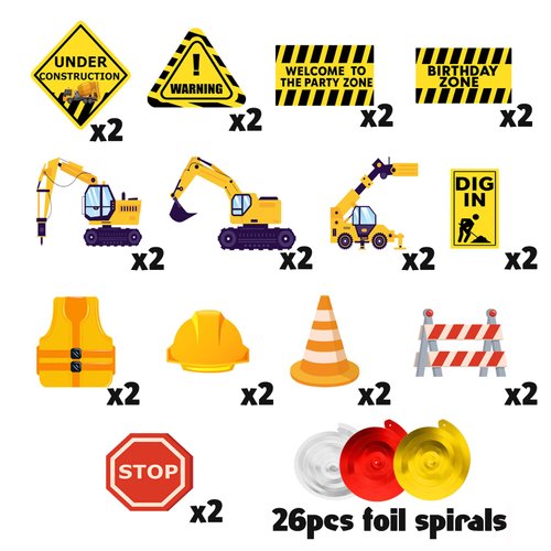 26 Pack of Construction Hanging Swirls（13 Pattern）Construction Birthday Party Supplies for Kids Double-Sided Excavator Dig in Dump Truck Hanging Swirls Foil Spiral Ceiling Streamers for Boy