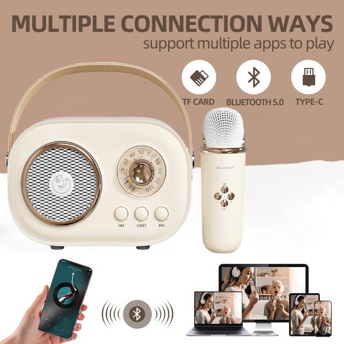 Mini Karaoke Machine for Kids with 2 Wireless Microphones Portable Kids Microphone, Karaoke Microphone for Kids Age 5, 6, 7, 8, 9, 10,11+Years (Beige)