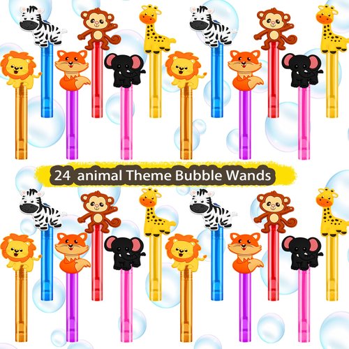 24PCS Animal Bubble Wands for Wild One Birthday Baby Shower Decorations Safari Jungle Theme Party Favors Supplies, Pinata Suffer, Goodie Bags Filler, School Classroom Prizes