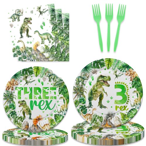 80 Pcs Watercolor Dinosaur 3rd Birthday Party Supplies 3 Rex Birthday Tableware Includes Plates, Forks, Napkins for Boys T-Rex Three Rex Dinosaur 3 Year Old Birthday Party Decorations Favors