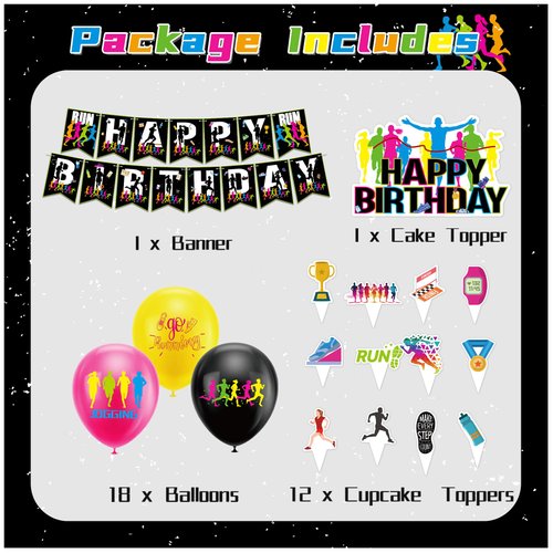 Running Party Decorations Running Birthday Decorations Set, Sports Fitness Party Supplies Includes Birthday Banner, Cake Topper, Cupcake Toppers, Latex Balloons