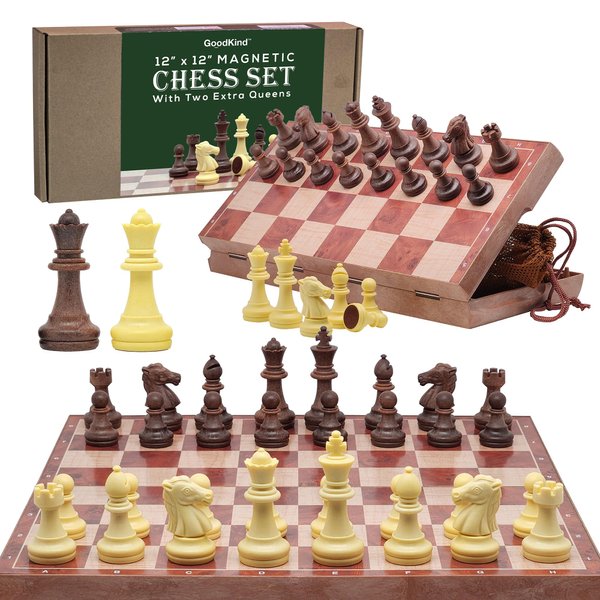Magnetic Travel Chess Set for Kids and Adults. Portable 12" x 12" Chess Board Game for Beginner & Advance Players. Chess Sets for Adults with 2 Extra Queens & 2 Storage Bags for Chess Pieces.
