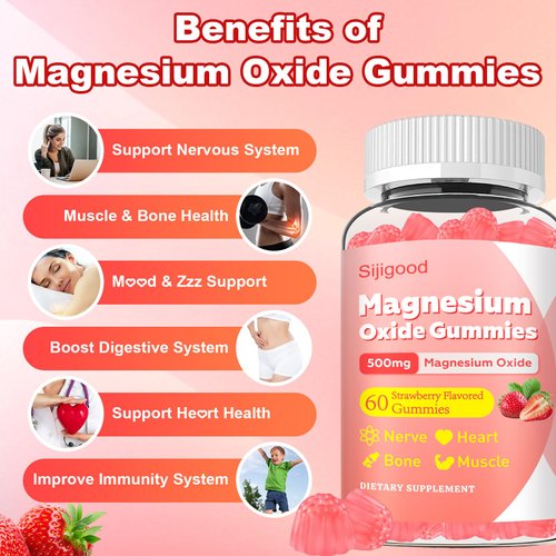 500mg Magnesium Oxide Gummies for Adults & Kids - Sugar Free Magnesium Gummies Supplement for Nerve, Bone & Muscle Support, Vegan, Non-GMO, Strawberry Flavor, 120 Count